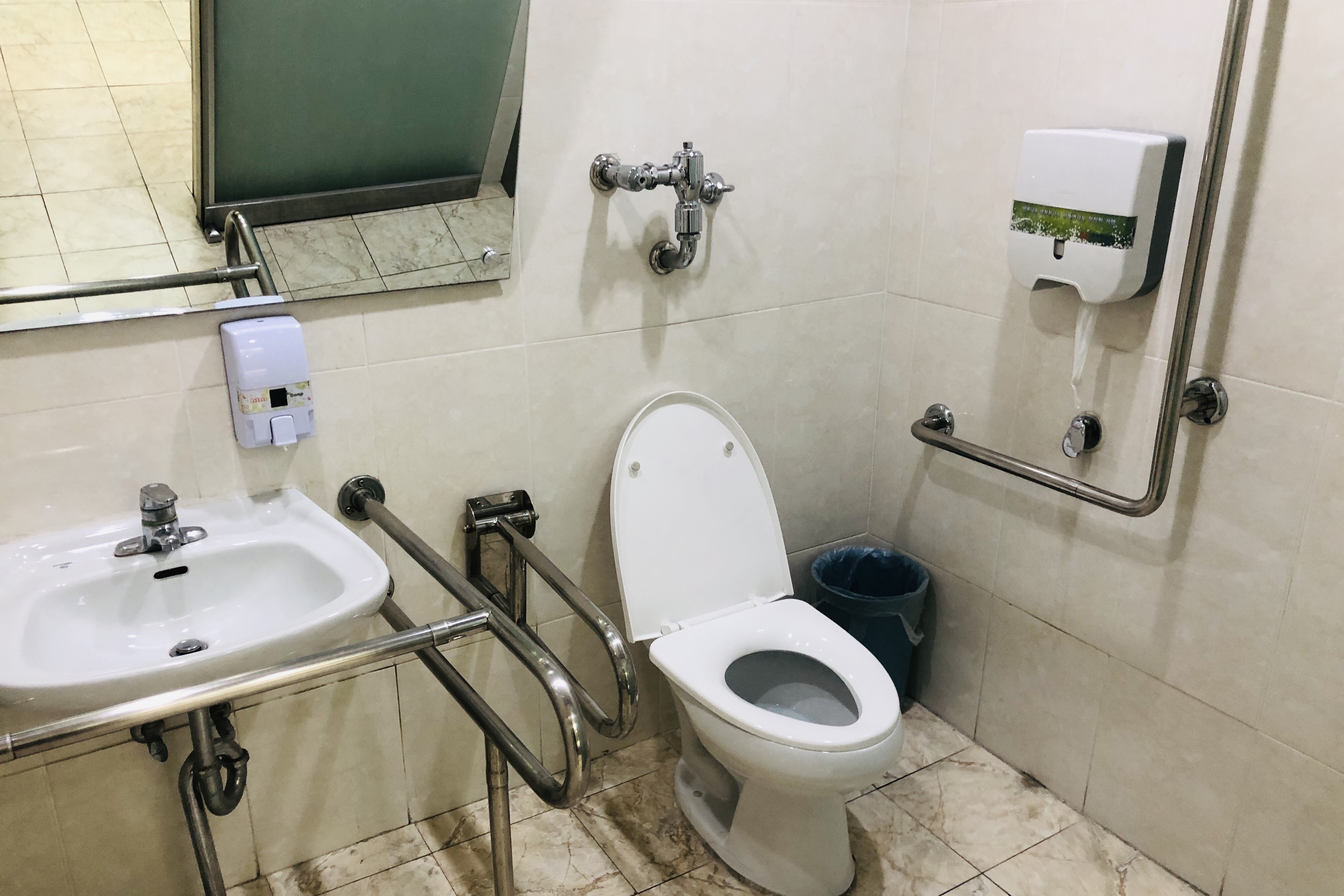 장애인 화장실0 : 세면대와 대변기가 나란히 배치된 장애인 화장실