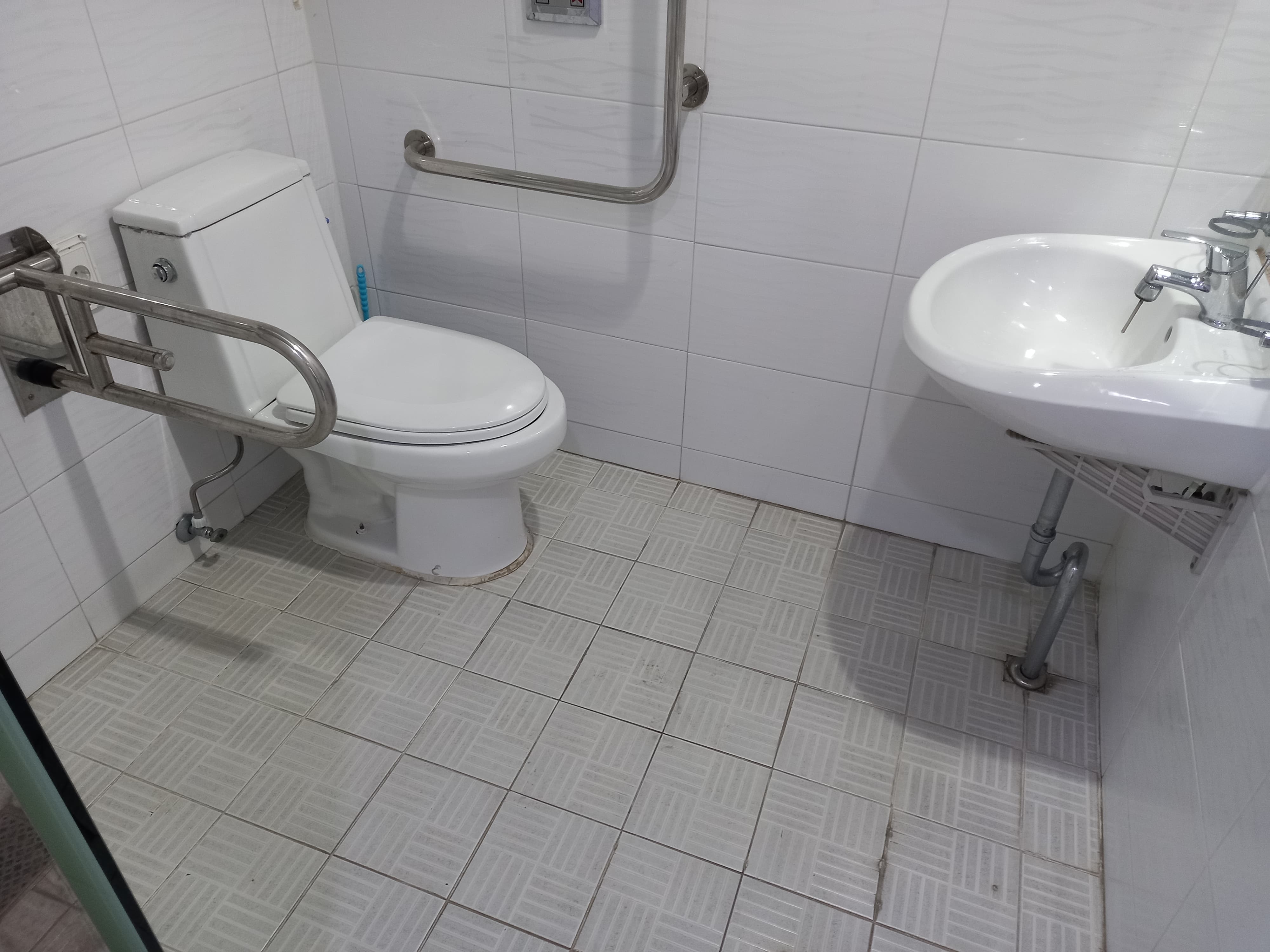 장애인 화장실0 : 변기, 안전바, 세면대가 설치된 장애인 화장실