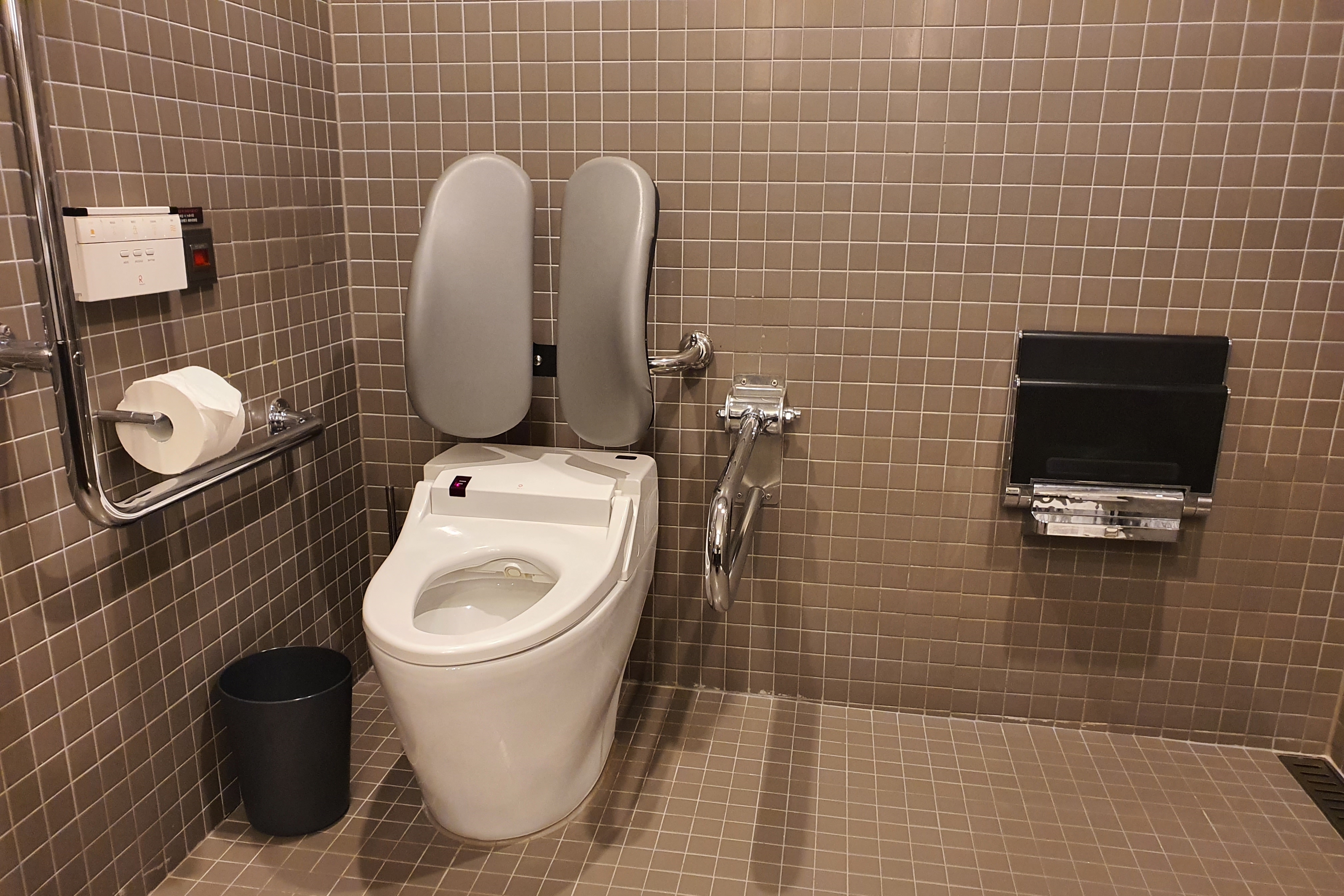 Accessible restroom in the guestroom0 : A toilet and a wall-mounted shower chair installed side-by-side