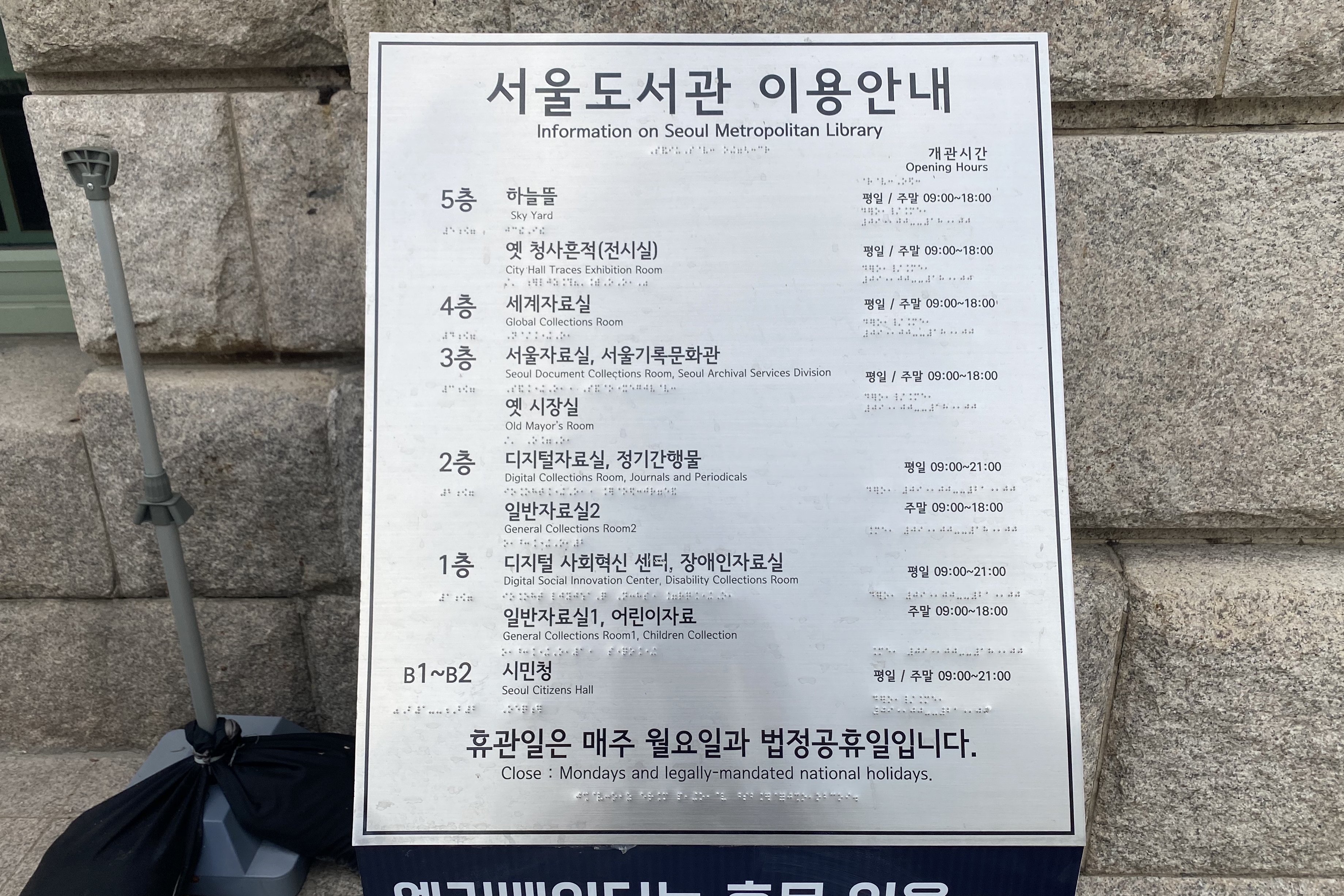 안내판/안내데스크0 : 서울도서관 내 점자로 된 층별 이용안내판